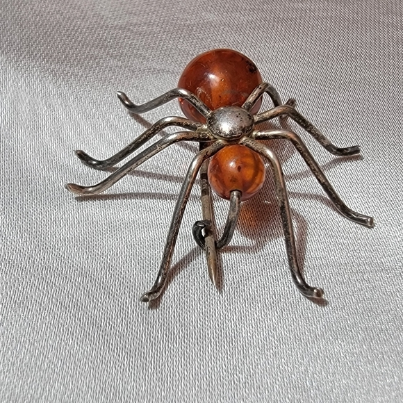 Jewelry - Vintage Amber Spider Pin Sterling